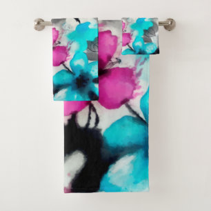Blue Pink White Black Watercolor Flowers Bath Towel Set