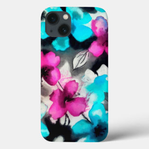 Blue Pink White Black Watercolor Flowers iPhone 13 Case