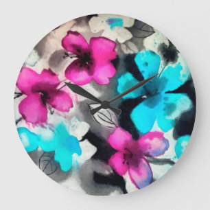 Blue Pink White Black Watercolor Flowers Large Clock