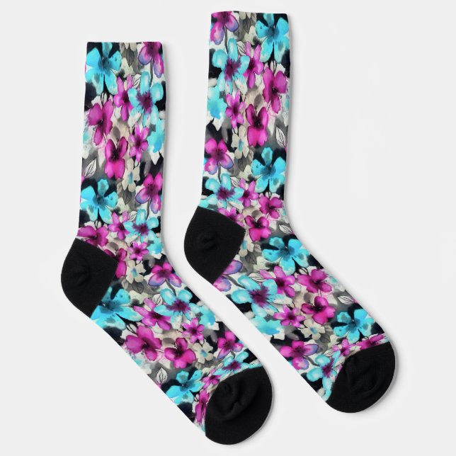 Blue Pink White Black Watercolor Flowers Pattern Socks (Right)
