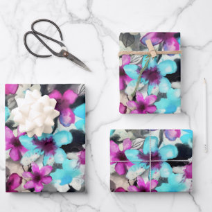 Blue Pink White Black Watercolor Flowers Pattern Wrapping Paper Sheet