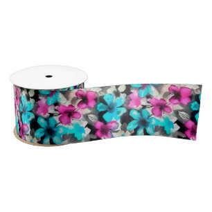 Blue Pink White Black Watercolor Flowers  Satin Ribbon