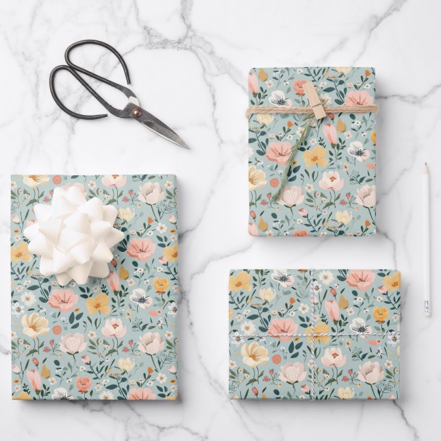 Blue Pink White Floral Birthday Bridal Shower Wrapping Paper Sheet (Front)