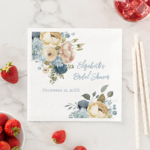 Blue Pink White Floral Watercolor Bridal Shower Napkin