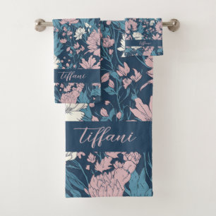 Blue Pink White Flowers Blue Background Bath Towel Set