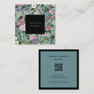 Blue Pink White Modern Trendy Flower Florist Square Business Card