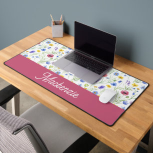 Blue Pink Wildflower Botanical Custom Name  Desk Mat