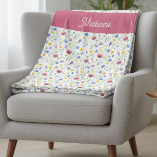 Blue Pink Wildflower Botanical Custom Name  Fleece Blanket