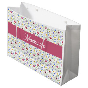 Blue Pink Wildflower Watercolor Monogram Name Large Gift Bag