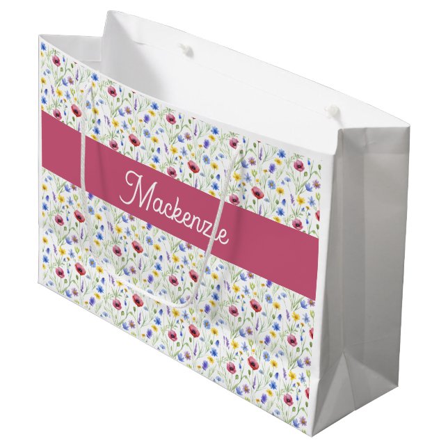 Blue Pink Wildflower Watercolor Monogram Name  Large Gift Bag (Front Angled)