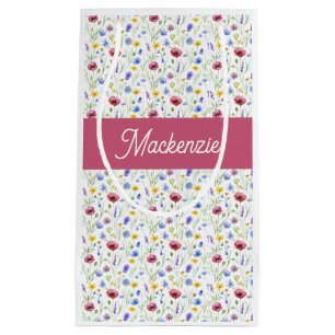 Blue Pink Wildflower Watercolor Monogram Name  Small Gift Bag