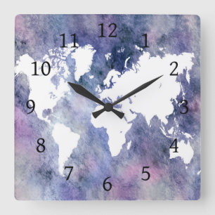 Blue Pink World Map Design 65 Square Wall Clock