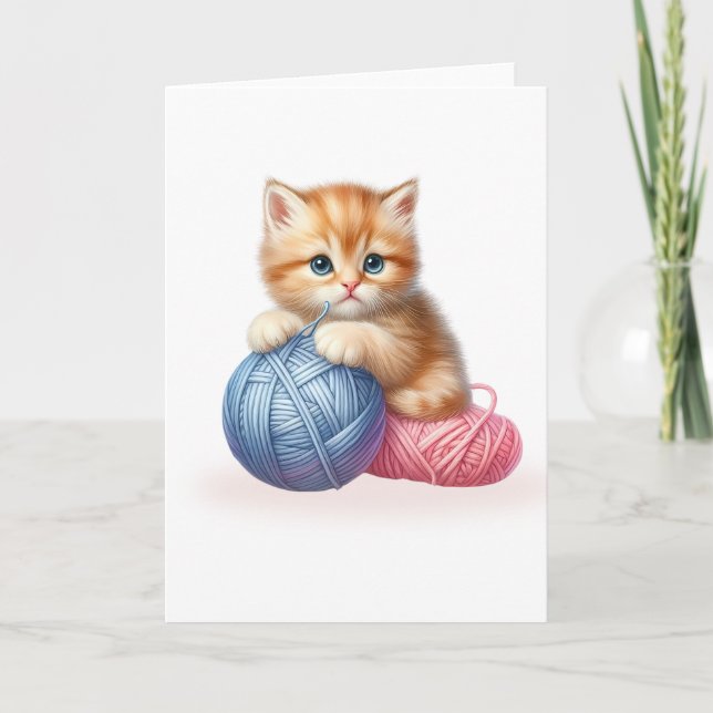 Blue & Pink Yarn Bright-Eyed Kitten Blank Greeting Card (Front)