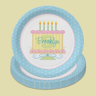 Blue Pink Yellow 5th Birthday Name Cake Paper Plate