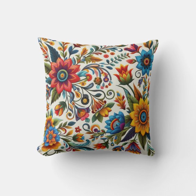 Blue Pink Yellow Embroidery Style Flowers Floral Cushion (Front)