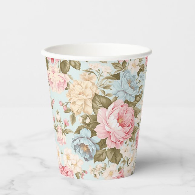 Blue Pink Yellow Floral Paper Cups (Front)
