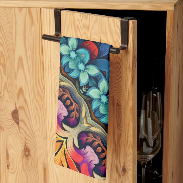 blue pink yellow Flowers Tea Towel (Thirds Fold)