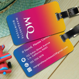 Blue Pink Yellow Gradient White Monogram Initials Luggage Tag