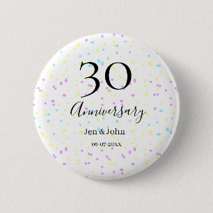 Blue pink yellow polka dots 30th anniversary name  6 cm round badge