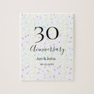 Blue pink yellow polka dots 30th anniversary name jigsaw puzzle