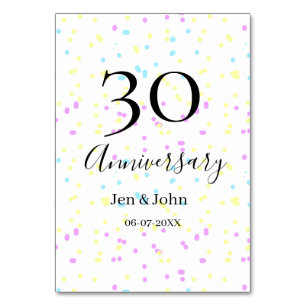 Blue pink yellow polka dots 30th anniversary name  table number