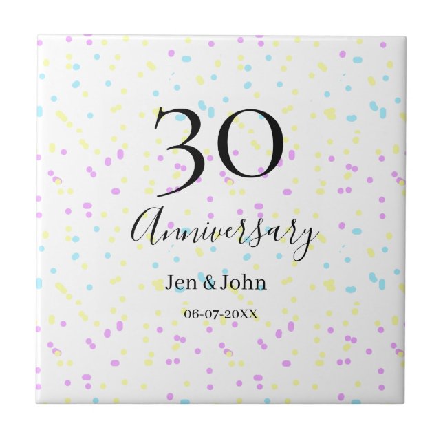 Blue pink yellow polka dots 30th anniversary name  tile (Front)
