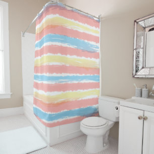 Blue Pink Yellow White Watercolor Stripes Shower Curtain