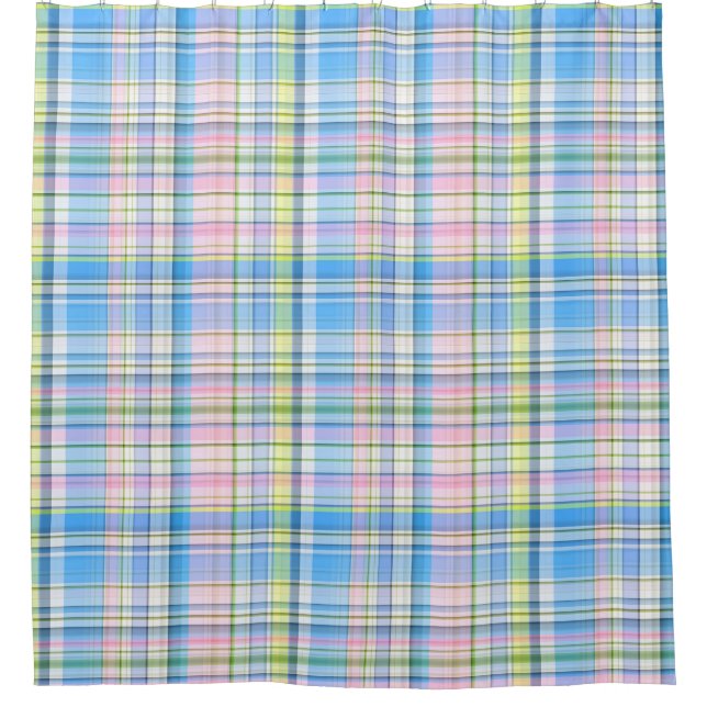 Blue Pink Yellow Wht Preppy Madras Shower Curtain (Front)