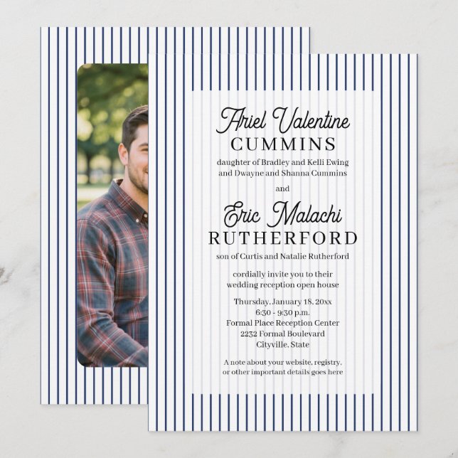 Blue Pinstripe Rustic Bride's Parents Remarried Invitation (Front/Back)
