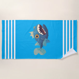 Blue Piranha Fish Coastal Stripe Beach Beach Towel