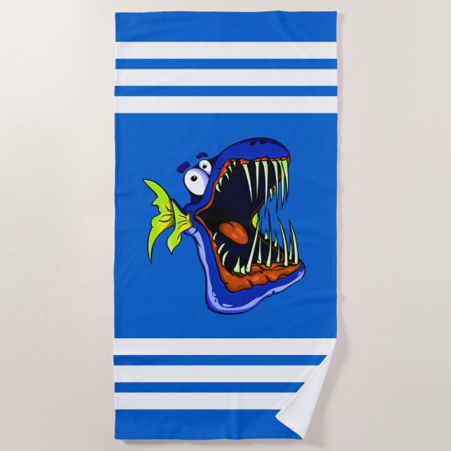 Blue Piranha Fish on Blue and White Striped Beach Towel (Front)