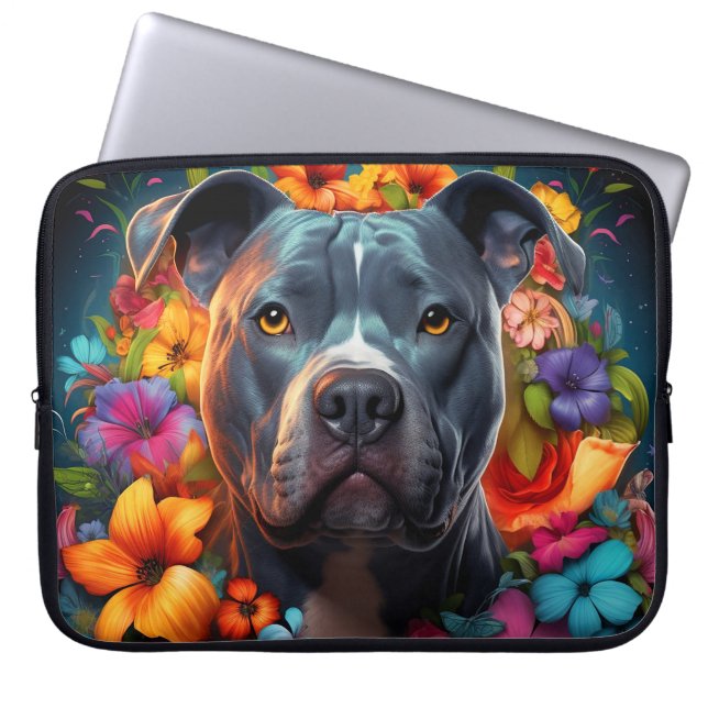 Blue Pitbull Dog with Flowers Laptop Bag (Front)