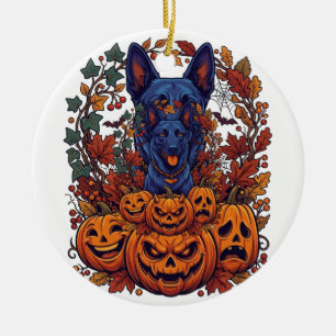 Blue Pitbull Halloween Pumpkins Autumn Leaves Bats Ceramic Tree Decoration