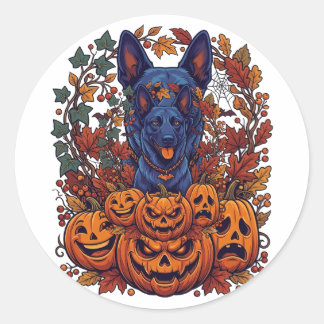 Blue Pitbull Halloween Pumpkins Autumn Leaves Bats Classic Round Sticker