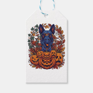 Blue Pitbull Halloween Pumpkins Autumn Leaves Bats Gift Tags