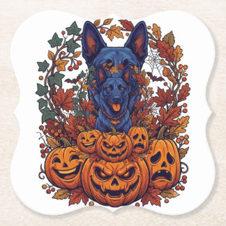 Blue Pitbull Halloween Pumpkins Autumn Leaves Bats Paper Coaster