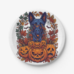 Blue Pitbull Halloween Pumpkins Autumn Leaves Bats Paper Plate