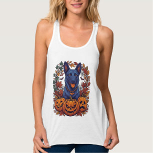 Blue Pitbull Halloween Pumpkins Autumn Leaves Bats Singlet