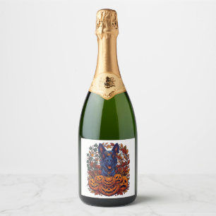 Blue Pitbull Halloween Pumpkins Autumn Leaves Bats Sparkling Wine Label