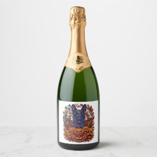 Blue Pitbull Halloween Pumpkins Autumn Leaves Bats Sparkling Wine Label