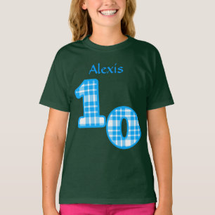 Blue Plaid 10th Birthday Custom Name 2 T-Shirt