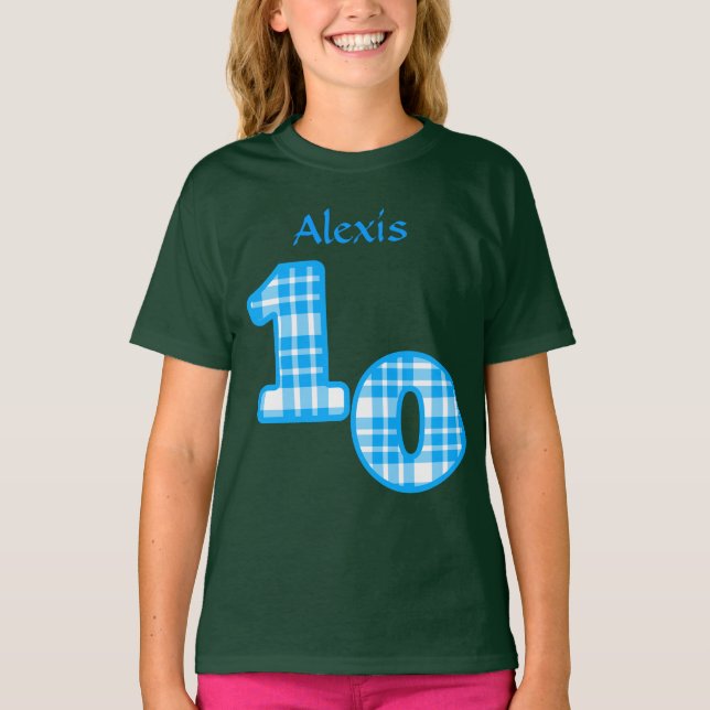 Blue Plaid 10th Birthday Custom Name 2 T-Shirt (Front)