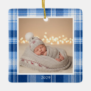 Blue Plaid 1st Christmas Photo Ornament