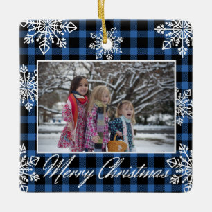 Blue Plaid 2 Family Photo Snowflakes Christmas  Ceramic Ornament