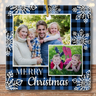 Blue Plaid 3 Photo Snowflakes Merry Christmas Ceramic Ornament
