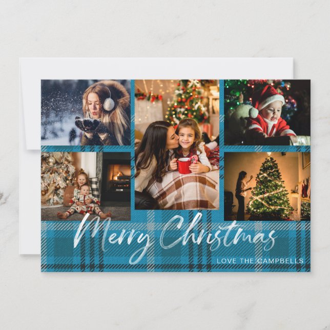 Blue Plaid 5 Merry Christmas Photo (Front)