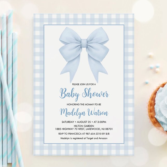 Blue Plaid And Blue Bow Baby Shower Invitation (Creator Uploaded)
