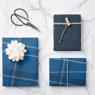 Blue plaid and stars classic wrapping paper sheet