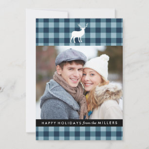 Blue Plaid and White Stag Holiday Photo Card