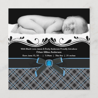 Blue Plaid Baby Boy Photo Birth Announcement